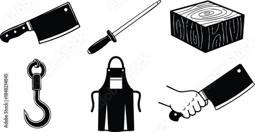 Line art close up set six butcher tools icons showing cleaver sharpening steel cutting block meat hook apron in black white minimal stencil flat vector illustration