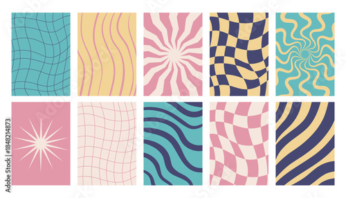 Groovy poster set featuring wavy lines, checkered grids and striped textures in trendy Y2K aesthetic. Retro trippy look with 60s and 70s hippie vibes for modern graphic design and decor use.