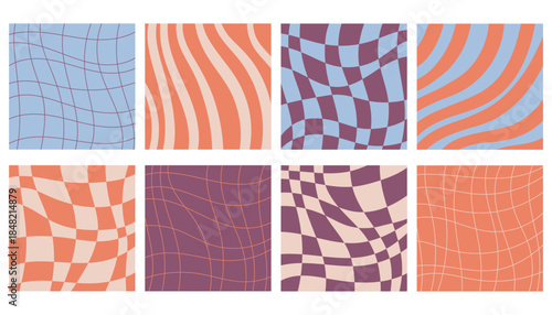 Collection of vibrant retro square posters with psychedelic waves, stripes and checker patterns. Y2K inspired trippy style mixed with classic 60s and 70s hippie design for bold creative visuals.