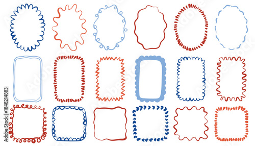Set of whimsical coquette hand drawn frames and borders with wave, curve, doodle and decorative pattern details. Oval, rectangle and square shapes perfect for holiday, wedding, birthday, cards.