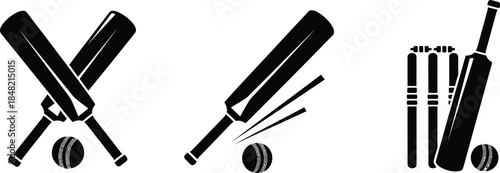 Sport of cricket, wicket bat. Cricket bats, balls, stumps and bails vector illustration silhouette icon set. 