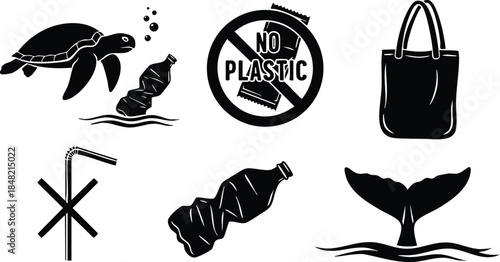 Flat design icon set showing sea turtle and fish with no plastic symbol tote bag bent straw crushed bottle and whale tail vector silhouette in black
