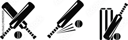 Sport of cricket, wicket bat. Cricket bats, balls, stumps and bails vector illustration silhouette icon set. 