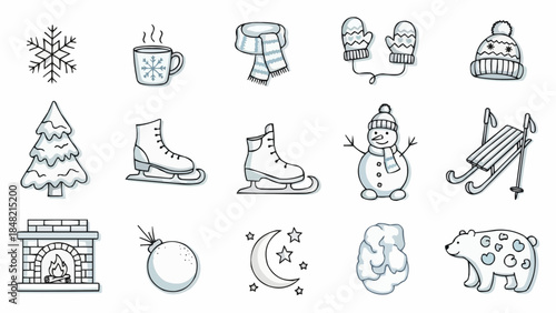 Winter icons set including snowflake, hot drink, scarf, mittens, hat, Christmas tree, ice skates, snowman, sled, fireplace, ornament, moon, cloud, bear