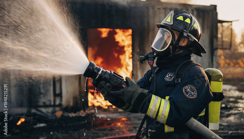 A firefighter extinguishing a fire with pressurized water