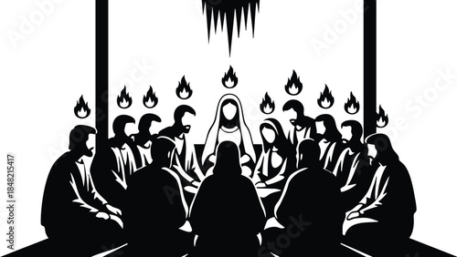 Flat design silhouetted close up view of apostles and central figure receiving tongues of fire during pentecost in an enclosed room with backlit high contrast mood