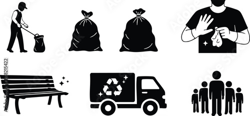 Flat design close up silhouette icons showing person picking trash with glove and bag near park bench recycling truck and community group cleaning public space unity