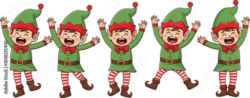 Cute Christmas elf characters in joyful dancing poses, festive holiday cartoon illustration isolated on white background for kids, celebrations, and seasonal designs