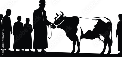 Silhouette vector side view man leading cow by rope at livestock market with group of onlookers in high contrast black and white flat design minimal composition