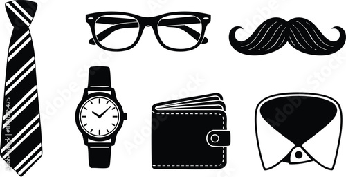Flat design top view male accessories icon set showing tie glasses mustache wrist watch leather wallet shirt collar arranged in neat grid simple monochrome vector art