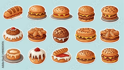 Variety of delicious burgers and donuts on plates
