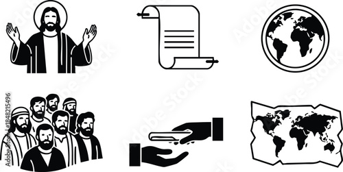 Line art icon set showing haloed religious leader raising open hands group of followers holding scroll globe world map helping hands charity mission flat vector illustration