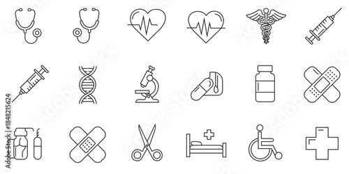 Outline medical and healthcare icons collection depicting various essential tools and symbols Vector, illustration