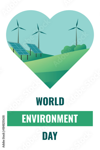 
World Environment Day. Vector illustration featuring fields, solar panels, and wind turbines against a backdrop of green hills.