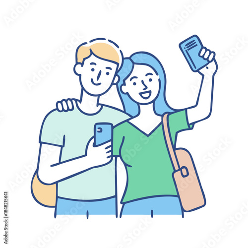 Happy woman and her boyfriend taking selfie with cell phone while traveling together.