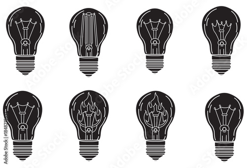 Vector illustration set of bright light bulb icons and electric lamp symbols representing creative ideas, innovation, and energy technology equipment for inspiration