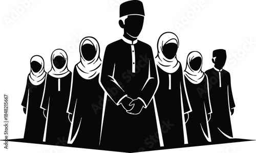 Silhouette vector front view family group with father leader looking forward wearing long robe and children in headscarf arranged in formation high contrast black and white