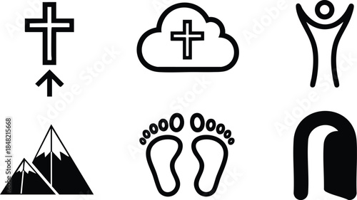 Line art minimalist icon set close up religious and nature symbols including cross cloud person praising mountain footprints arch simple black on white flat geometric silhouette