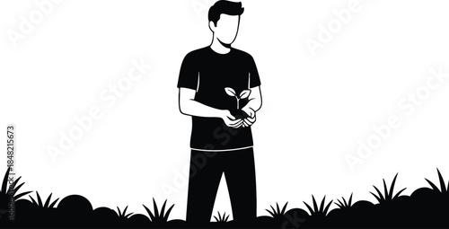 Silhouette vector standing man holding small seedling plant at waist looking down in grass side view minimalist black white eco conservation concept calm flat simple outline