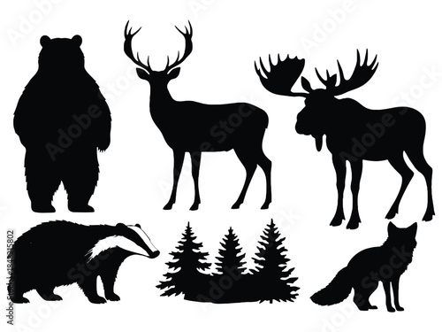 Silhouettes of north american wildlife including bear deer and moose