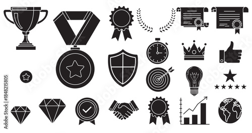 Vector illustration set of various jewellery and jewelry stands featuring black silhouette icons and symbol signs for award winner trophy ribbons