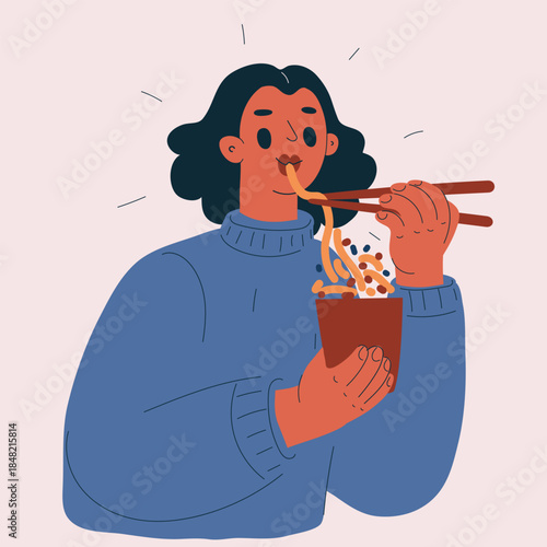 Cartoon vector illustration of a woman eating noodles from a wok with chopsticks, enjoying a warm flavorful moment