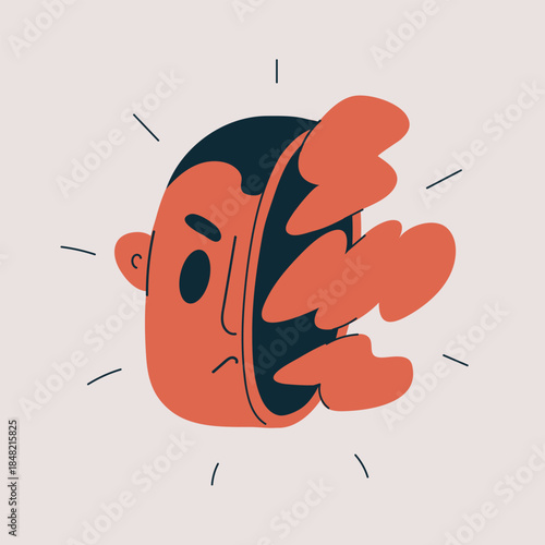 Cartoon vector illustration of an angry man with lightning in his head, bursting with irritation and tension