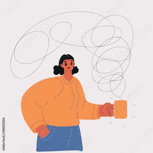 Cartoon vector illustration of a woman holding a coffee mug, wrapped in the warm drifting aroma