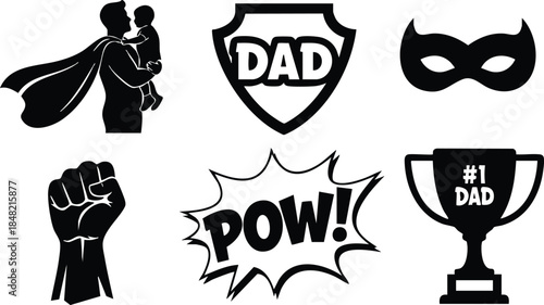Comic book vector icon set showing father hero holding child in cape with dad shield mask pow burst and trophy silhouette in bold black flat minimal