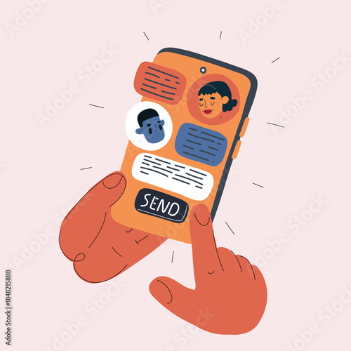 Cartoon vector illustration of a hand pressing the send button on a smartphone, sending a message in a chat with user icons