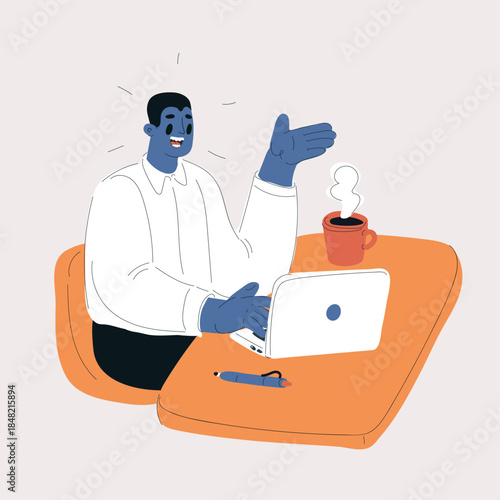 Cartoon vector illustration of a man sitting at a desk, talking to someone via laptop, in a work process