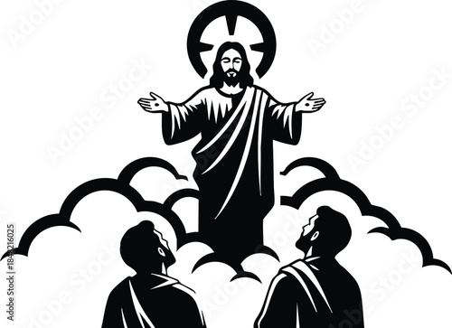 Flat design black silhouette of jesus christ with halo and outstretched arms standing on clouds two disciples looking up from below vector icon front view serene