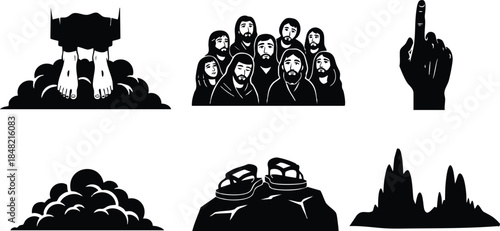 Silhouette icon set showing mushroom cloud explosion group of people middle finger hand smoke military tanks rocky skyline isolated vector symbols of conflict and protest