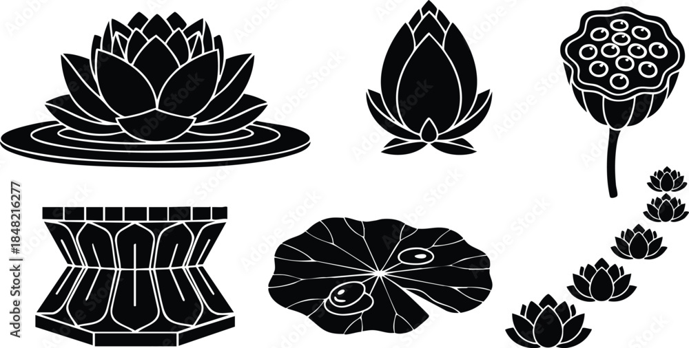 Obraz premium Flat design close up lotus icon set showing lotus flower bud seed pod leaf and decorative pedestal arranged on white background simple silhouette calm zen motif