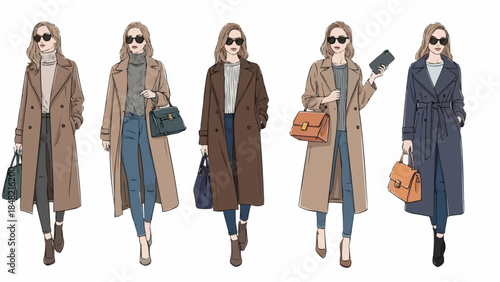 Fashionable women in stylish coats and accessories walking confidently