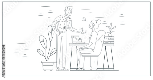 A fun cartoon illustration of a funny woman in a dress and a boy sharing food at a city restaurant street