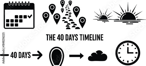 Flat design icon timeline horizontal with calendar and checkmark multiple location pins sunrise and sunset icons cloud and clock indicating forty days progression minimalist black silhouette
