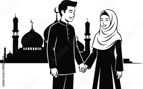 Line art couple holding hands in front of mosque silhouette man wearing tunic woman wearing hijab smiling facing each other side view high contrast black white