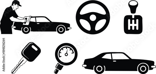 Flat design black car icon set showing mechanic fixing car with steering wheel gear shift key speedometer and side silhouette in close up view high contrast