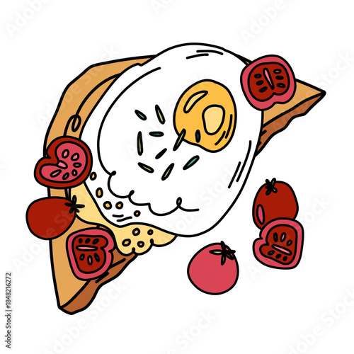 Delicious Fried Egg and Tomato Toast for Breakfast with aromatic spices and herbs