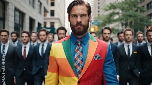 Unique business professional in colorful suit among corporate crowd