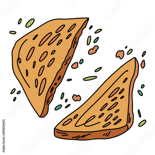 Hand drawn slices of toast among crispy crumbs and herb leaves, broken crisp bread