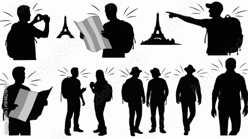 Silhouettes of tourists exploring Paris with Eiffel Tower