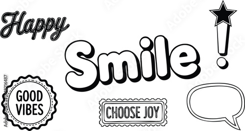 Line art sticker sheet close up with hand lettered happy smile good vibes choose joy badges speech bubble magic wand stamps for cheerful minimal design vector