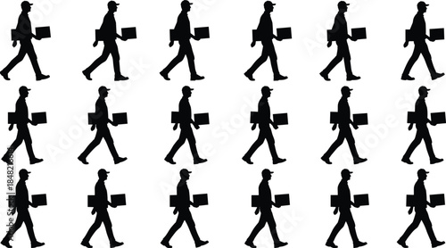 Delivery man silhouettes walking with package isolated on white background representing logistics courier service transportation workforce pattern design