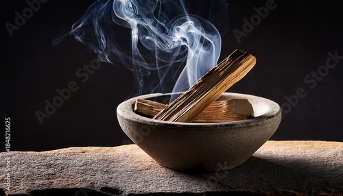 incense smoke rising from burning palo santo wood in stone bowl