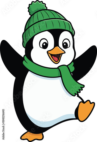 Cheerful cartoon penguin character in a vibrant green knit hat and matching scarf, happily waving its flippers, isolated cute vector illustration.