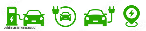 Electric car charging icon set. EV station, plug, socket, hybrid car, green electric car with plug symbol on white background - stock vector.
