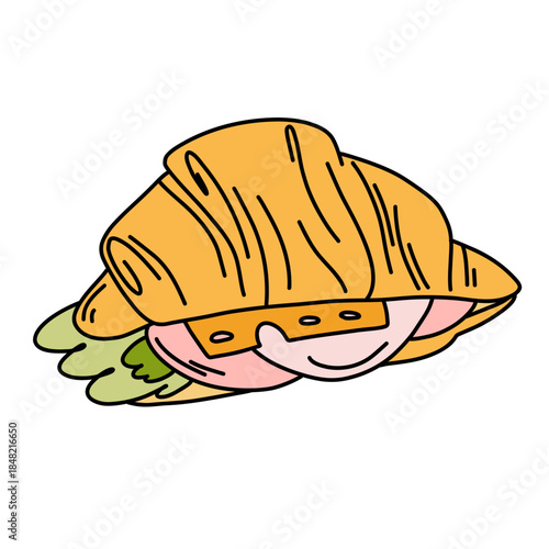 A fragrant croissant, sliced and stuffed with ham and cheese, on crisp greens. German breakfast.