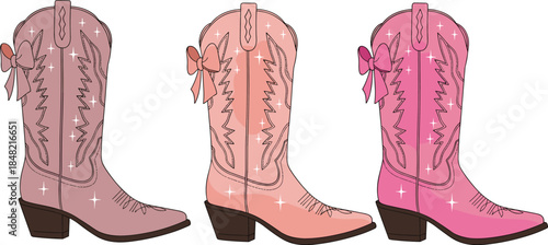 Cute pink cowboy boots fashion illustration set with bows and sparkles, western footwear design isolated on white background for trendy style concepts